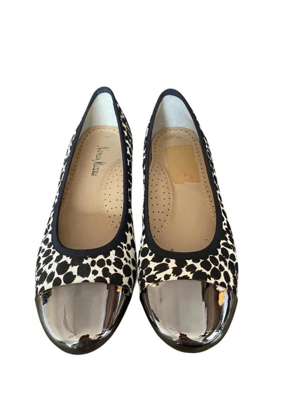 Neiman Marcus Metallic Toe Leopard Print Ballet Flats calf Hair size 8 flawed